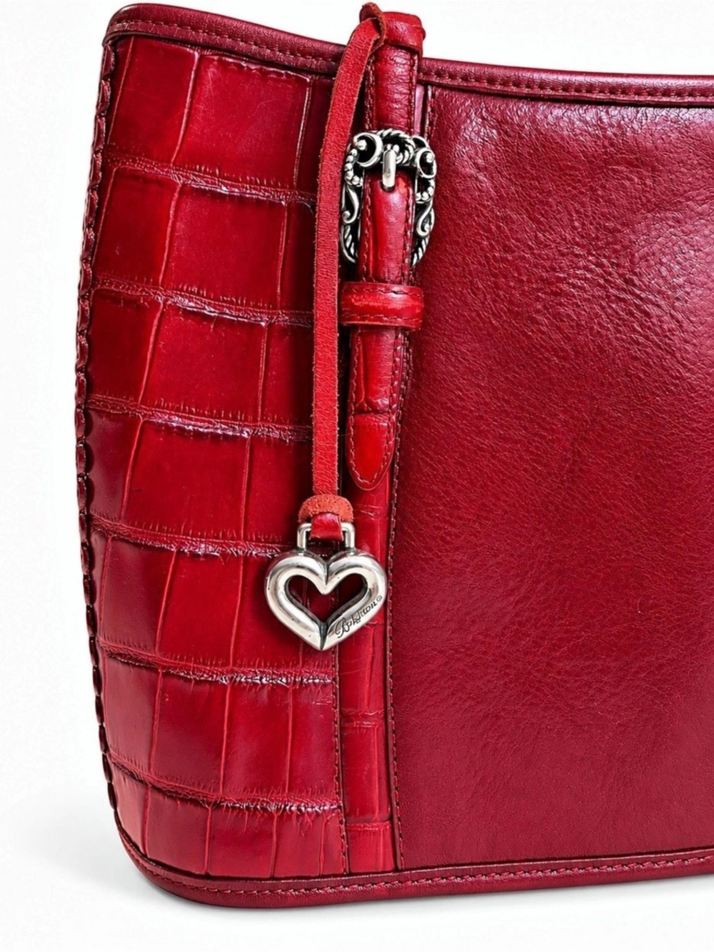 Brighton Red Leather Croc Embossed Tote Heart Charm Y2K Western Shoulder Bag - Picture 3 of 13